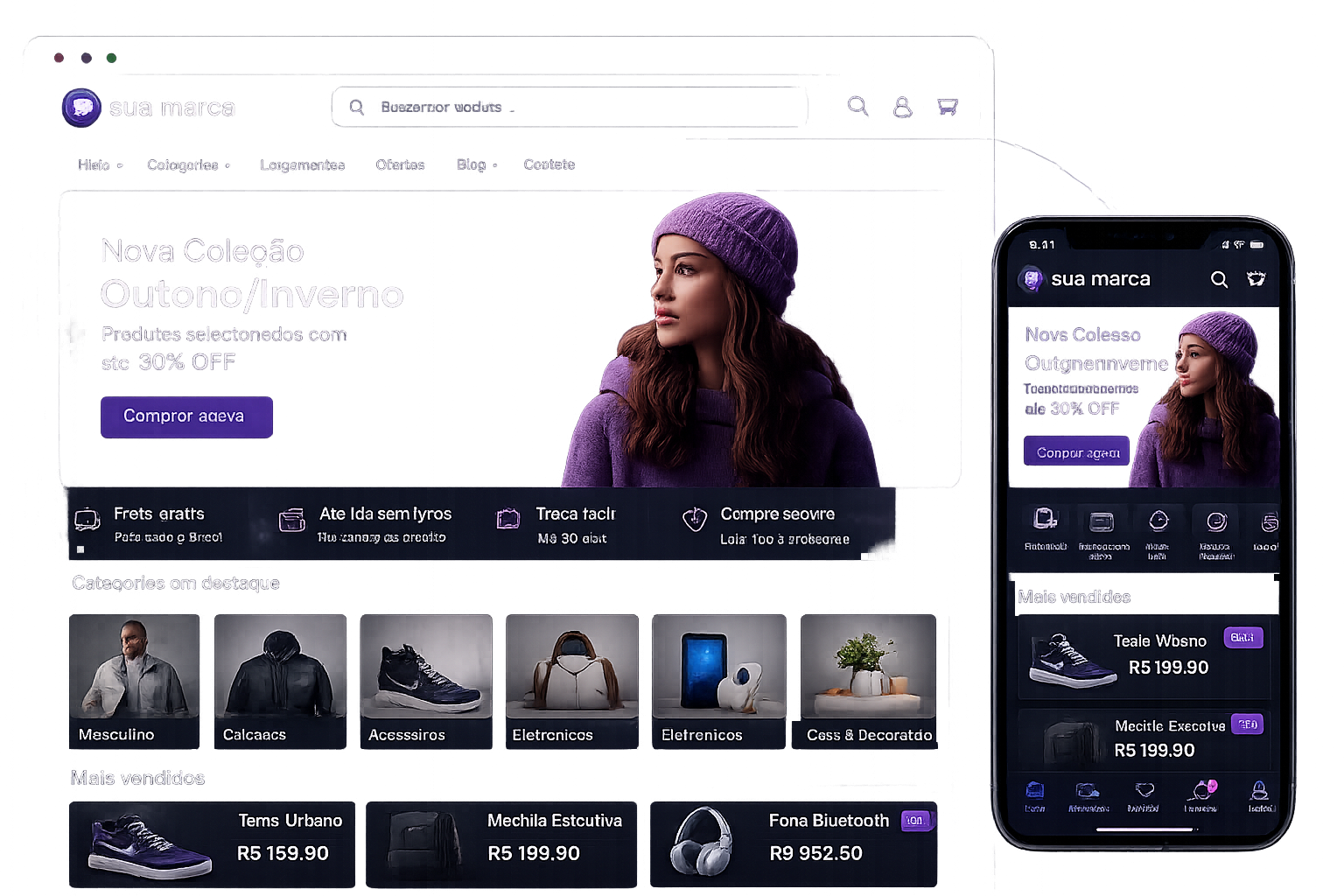 Interface da Loja Virtual Inteligente em desktop e smartphone